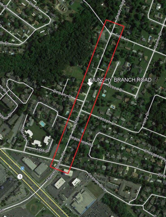 Outlined in red is the project location zone for Phase 1 of the Munchy Branch Road sidewalk project. DELDOT GRAPHIC